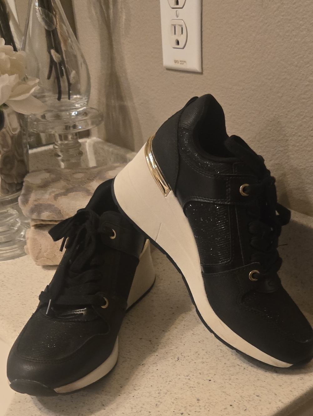 Aldo Black Platform Sneakers with Gold Accent
